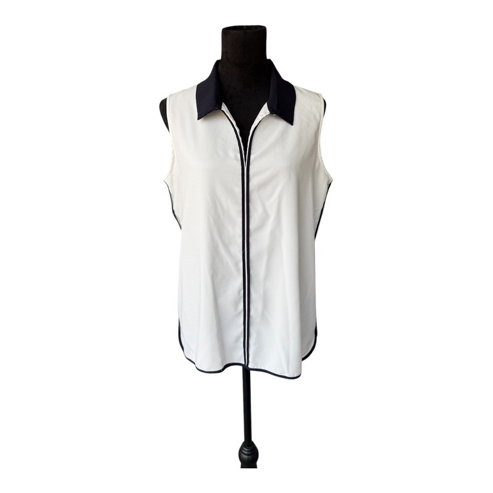 Tommy‎ Hilfiger Sleeveless Top Contrast Trim Collared Blouse White Size M